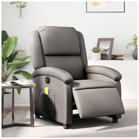 Poltrona Massaggiante Reclinabile Elettrica Grigia Vera Pelle - Foto 2