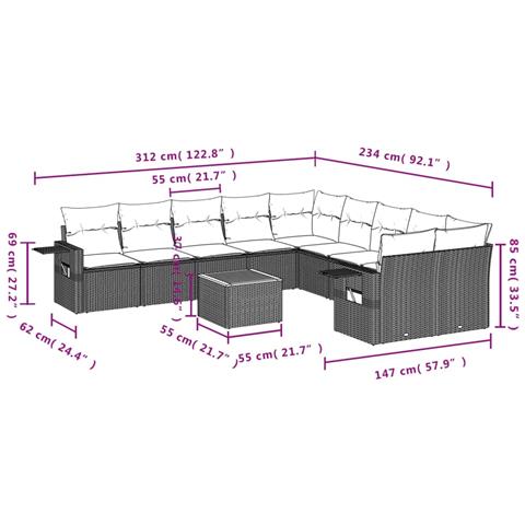 Set Divani da Giardino 11 pz con Cuscini in Polyrattan Grigio - Foto 9