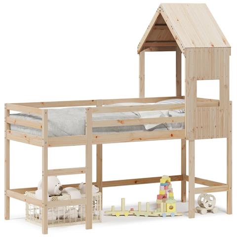 Letto Soppalco con Scala e Tetto 90x190 cm Legno Massello Pino - Foto 1