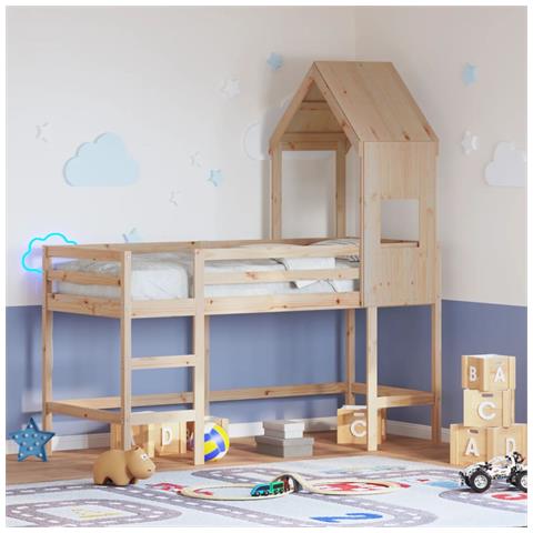 Letto Soppalco con Scala e Tetto 90x190 cm Legno Massello Pino - Foto 2