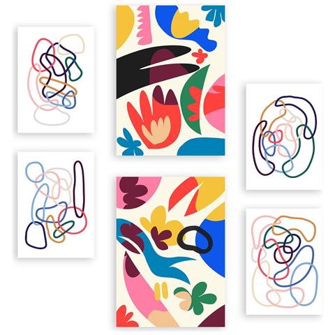 Set Di 6 Stampe Linee Astratte In Dipinti Decorativi Estetici Floreali Per Il Tuo Soggiorno, Camera Da Letto, Casa A3 & A4 Senza Cornice - Foto 1