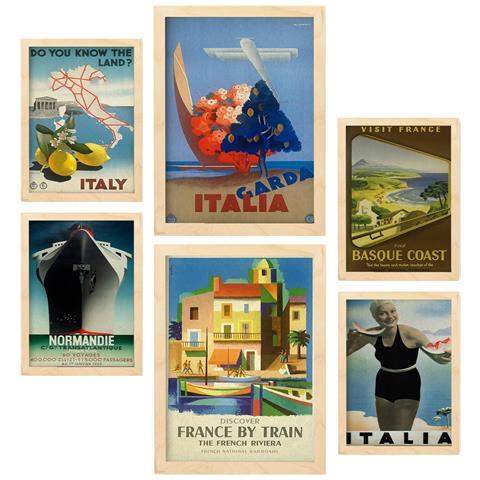 Set Di 6 Stampe Illustrazioni A Colori Di Cartelloni Pubblicitari Turistici D'epoca Provenienti Da Tutto Il Mondo, Provenienti Dai Paesi Del Mediterraneo A3 & A4 Telaio In Legno Chiaro - Foto 1