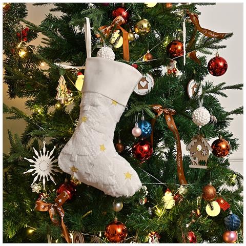 Calza Di Natale Bianca A Cinque Stelle - Decorazione Festiva In Peluche Ricamata - Foto 2