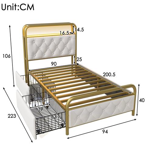 Letto Singolo Con Illuminazione Led E Cassetti In Velluto Bianco - Foto 2