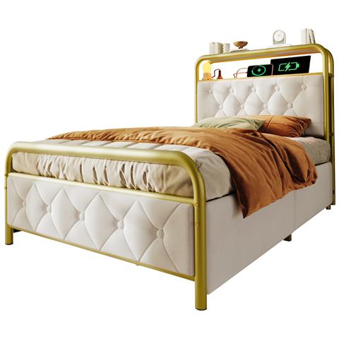 Letto Singolo Con Illuminazione Led E Cassetti In Velluto Bianco - Foto 1