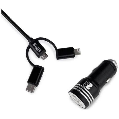 Caricabatterie Per Auto Usb Universale + Cavo Usb C Cargador Coche 2xusb Dual Car Charger Alum 2.4a + Cable 3 In 1 Black - Foto 1