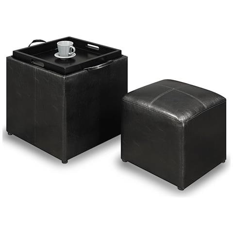 Set 2 Pouf Poggiapiedi In Ecopelle Nero Coperchio 2 In 1 Sgabello Con Scomparto - Foto 2