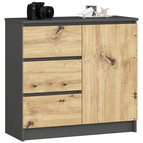 Cassettiera JERRY, 1 anta e 3 cassetti, 80x35x77 cm, Colore Grigia Grafite e Quercia Artisan - Foto 1