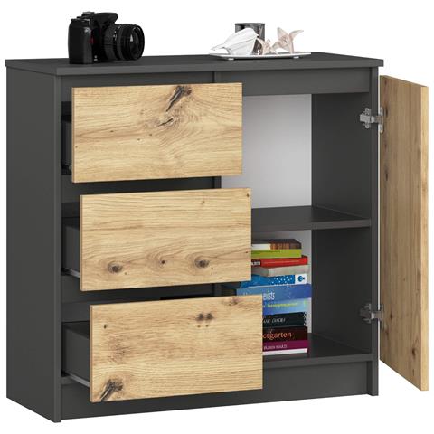 Cassettiera JERRY, 1 anta e 3 cassetti, 80x35x77 cm, Colore Grigia Grafite e Quercia Artisan - Foto 2