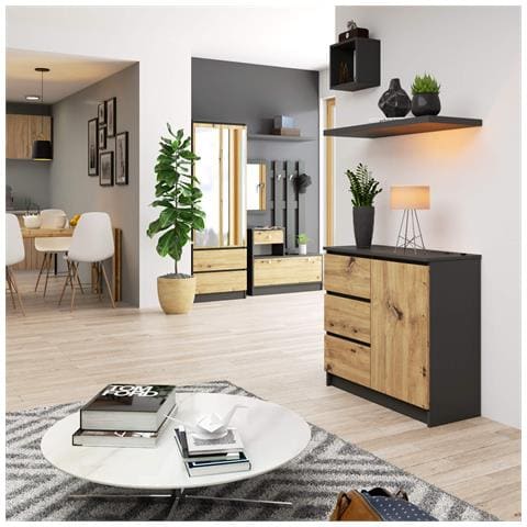 Cassettiera JERRY, 1 anta e 3 cassetti, 80x35x77 cm, Colore Grigia Grafite e Quercia Artisan - Foto 4