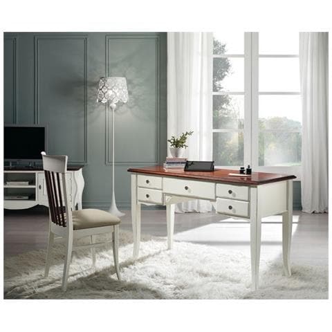 Scrivania Shabby Chic 5 Cassetti Legno Bianco Consumato 135x65x81 - Foto 1