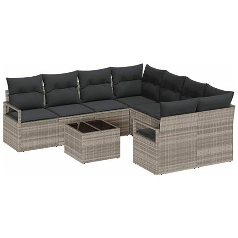 Set di divani da giardino  9 pezzi con cuscini grigio chiaro in polirattan, Divano da giardino  2 posti con contenitore e cuscini grigi in polirattan - Foto 1