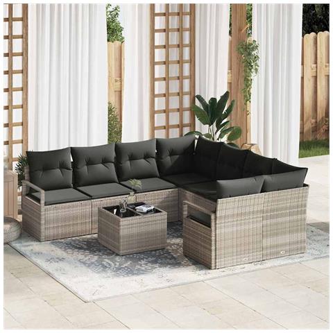 Set di divani da giardino  9 pezzi con cuscini grigio chiaro in polirattan, Divano da giardino  2 posti con contenitore e cuscini grigi in polirattan - Foto 2