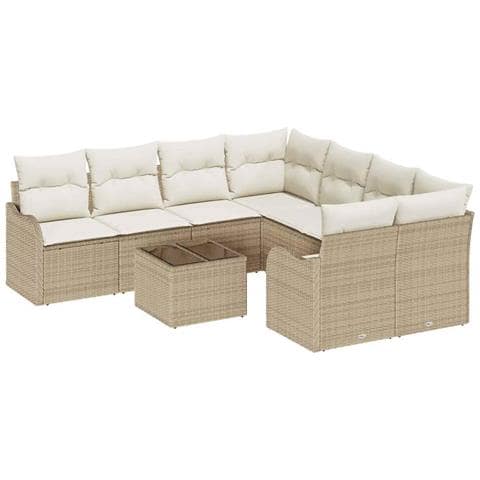 Set di divani da giardino da 9 pezzi con cuscini beige polirattan,  Divano da giardino a 2 posti con cuscini beige polirattan - Foto 1