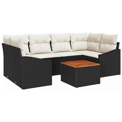 Set Divano da Giardino a 7 Pezzi con Cuscini Nero Polyrattan Acacia - Foto 1