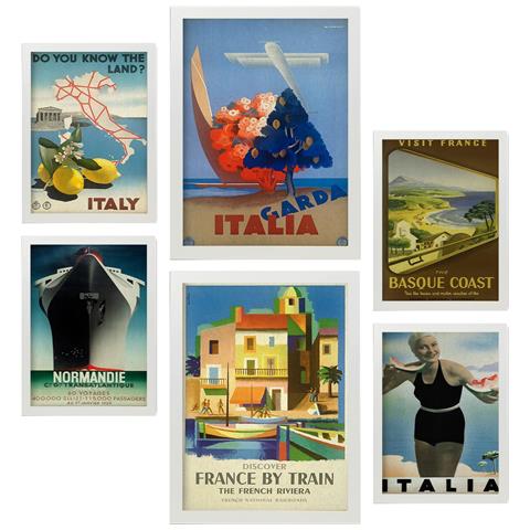Set Di 6 Stampe Illustrazioni A Colori Di Cartelloni Pubblicitari Turistici D'epoca Provenienti Da Tutto Il Mondo, Provenienti Dai Paesi Del Mediterraneo A3 & A4 Cornice Bianca - Foto 1