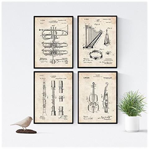 Set Di 4 Stampe Vintage Con Strumenti Musicali Arpa Flauto Violoncello Tromba Musica Arte Per Arredare La Tua Casa O Il Tuo Negozio Senza Cornice A4 - Foto 1