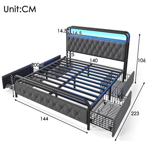 Letto Matrimoniale Con Led, Ricarica Usb E Cassetti In Velluto Grigio - Foto 2