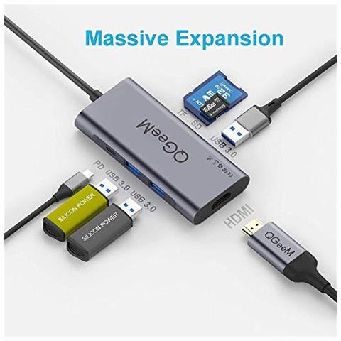 C Hub Hdmi Adattatore Usb Qgeem 7 In 1 Tipo C Hub A Hdmi 4k 3 Porte Usb 3.0 100w Power Delivery Lettori Sd Tf Card Compatibile Con Macbook Pro 1315 (thunderbolt 3) 2018 Mac Air Chromebook Usb C Adattatore - Foto 2