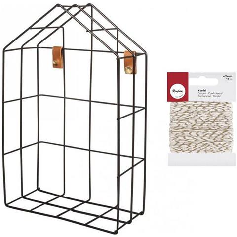 Mensola Di Filo Casetta 16 X 7 X 25 Cm Nero + Spago Dorato E Bianco 15 M - Foto 1