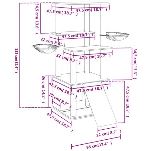 Albero Per Gatti Con Tiragraffi In Sisal Grigio Chiaro 133 Cm - Foto 7