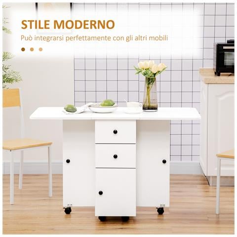 Tavolo A Ribalta Per 6 Persone Max Con 2 Cassetti, Armadietto E Ripiano, In Truciolato, 120x60x76.5 Cm, Bianco - Foto 2