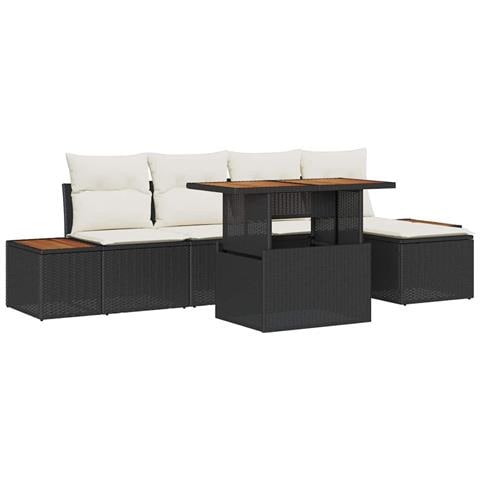 Set da pranzo da giardino 6 pezzi con cuscini in polyrattan nero e acacia - Foto 1
