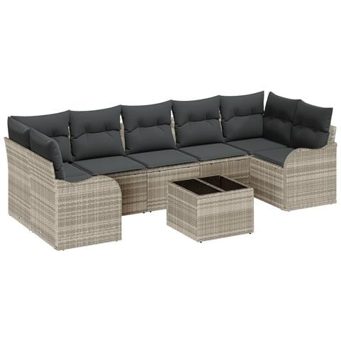 Set divano da giardino  8 pezzi con cuscini grigio chiaro in polyrattan, Divano da giardino  2 posti con cuscini grigio chiaro in polyrattan - Foto 1