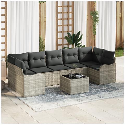 Set divano da giardino  8 pezzi con cuscini grigio chiaro in polyrattan, Divano da giardino  2 posti con cuscini grigio chiaro in polyrattan - Foto 2