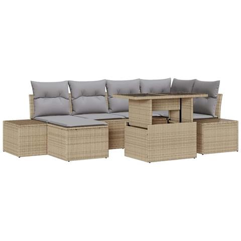 Set Divano da Giardino 7 Pezzi con Cuscini Beige in Polyrattan - Foto 1