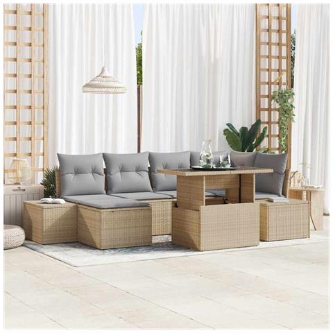 Set Divano da Giardino 7 Pezzi con Cuscini Beige in Polyrattan - Foto 2