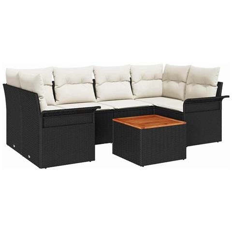 Set Divano da Giardino a 7 Pezzi con Cuscini Nero Polyrattan Acacia - Foto 1