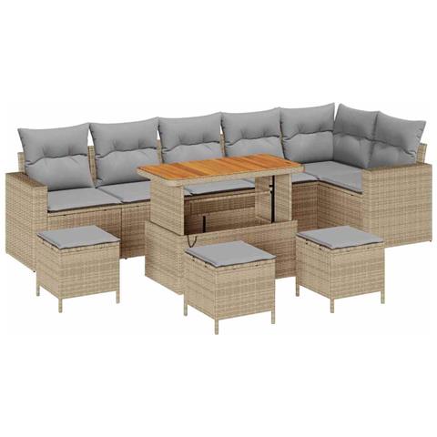 Set Divano Giardino 10 Pezzi con Cuscini Beige Polyrattan Acacia, Set Pranzo Giardino 4 Pezzi con Cuscini Beige Polyrattan Acacia - Foto 1