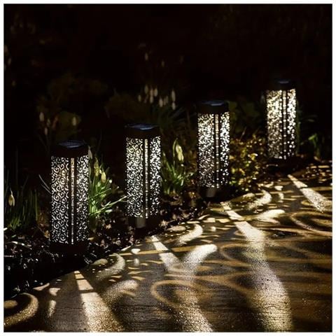 Set Di 4 Luci Solari Da Giardino A Led Nere Quadrate Con Luce Calda E Design Traforato - Foto 2
