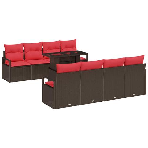 Set Divano da Giardino 9 pcs Marrone e Rosso polyrattan - Foto 1