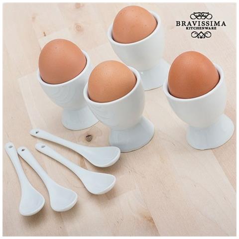 quantio 8 Pezzi Set di Uova per 4 Uova & 4 Cucchiaio Portauovo in Porcellana Bianco Set - Foto 1