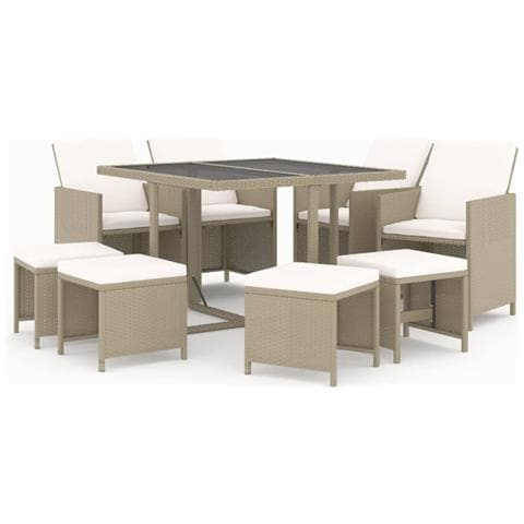 Set Da Pranzo Per Giardino 9 Pz Con Cuscini In Polyrattan Beige - Foto 1