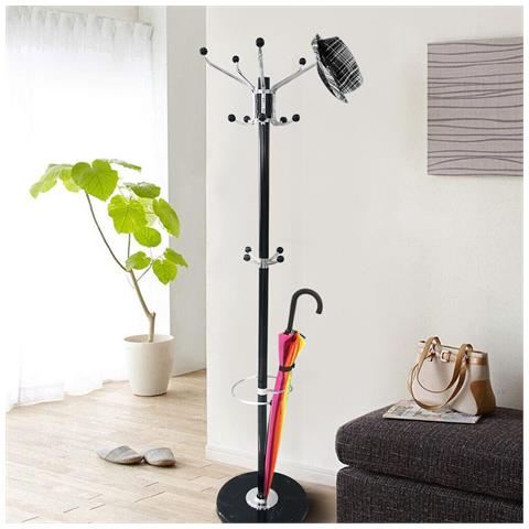Attaccapanni Appendiabiti Piantana In Metallo 16 Ganci Con Portaombrelli Nero - Foto 1
