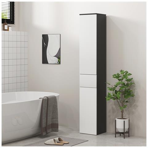 Colonna Bagno Salvaspazio in Legno con 2 Armadietti e Cassetto, 30x28x180 cm, Nero - Foto 2