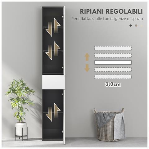 Colonna Bagno Salvaspazio in Legno con 2 Armadietti e Cassetto, 30x28x180 cm, Nero - Foto 6