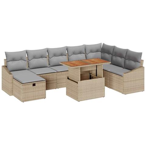 Set di Divani da Giardino 9 Pezzi con Cuscini Beige in Polyrattan - Foto 1