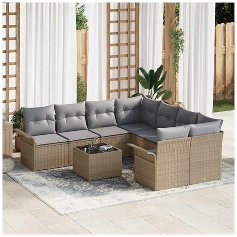 Set di divani da giardino da 9 pezzi con cuscini beige polyrattan - Foto 2
