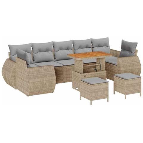 Set Divano Giardino 10 Pezzi con Cuscini Beige Rattan Polietilene Acacia, Set da Pranzo 3 Pezzi Giardino con Cuscini Beige Rattan Polietilene Acacia - Foto 1