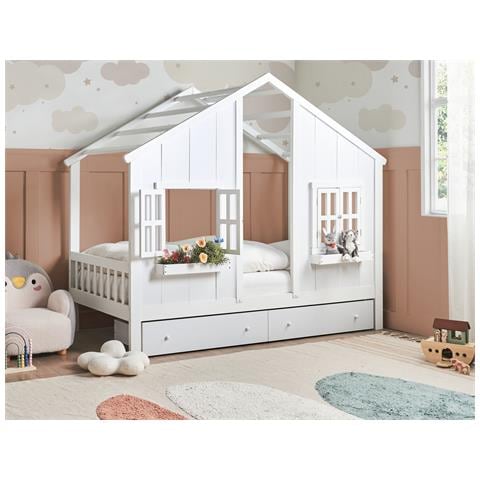 Letto Per Bambini Con Cassetti Casa Legno Di Pino Trappes 90 X 200 Cm Bianco - Foto 1