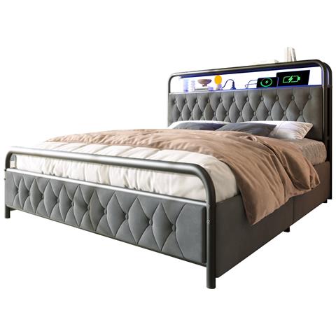 Letto Matrimoniale Con Illuminazione Led E Cassetti In Velluto Grigio - Foto 1