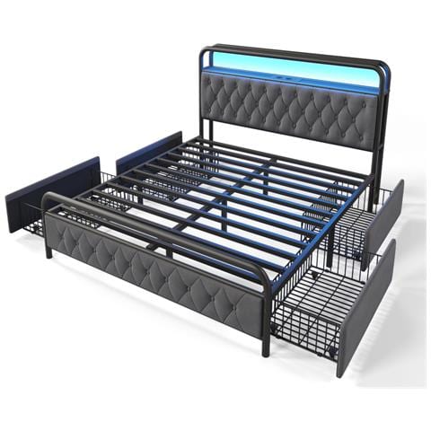 Letto Matrimoniale Con Illuminazione Led E Cassetti In Velluto Grigio - Foto 2