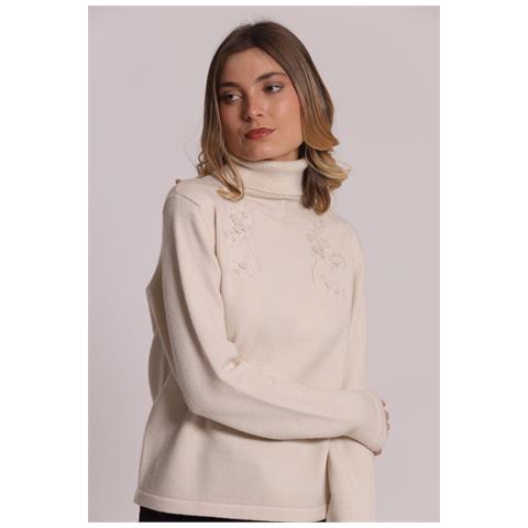 MAGLIA COLLO ALTO CON RICAMI FLOREALI - Colore: Panna - Taglia: L - Foto 4