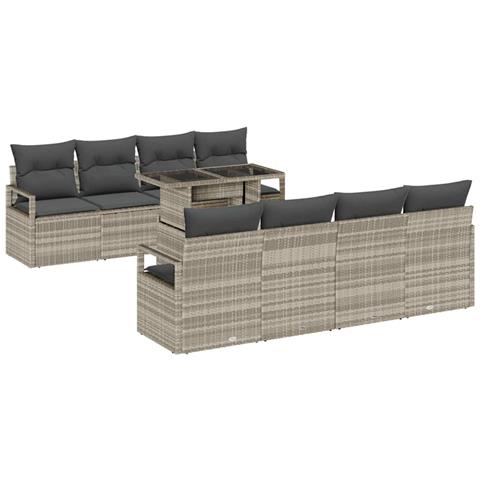 Set di divani da giardino  9 pezzi con cuscini Grigio chiaro Rattan polare, Divano da giardino  per 2 persone con cuscini Grigio Rattan polare - Foto 1