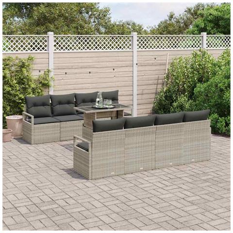 Set di divani da giardino  9 pezzi con cuscini Grigio chiaro Rattan polare, Divano da giardino  per 2 persone con cuscini Grigio Rattan polare - Foto 2