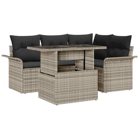 Set Divani da Giardino (5 Pezzi) in Grigio Chiaro e Rattan, Divano Doppio da Giardino con Ripostiglio e Cuscini in Grigio Chiaro in Rattan - Foto 1